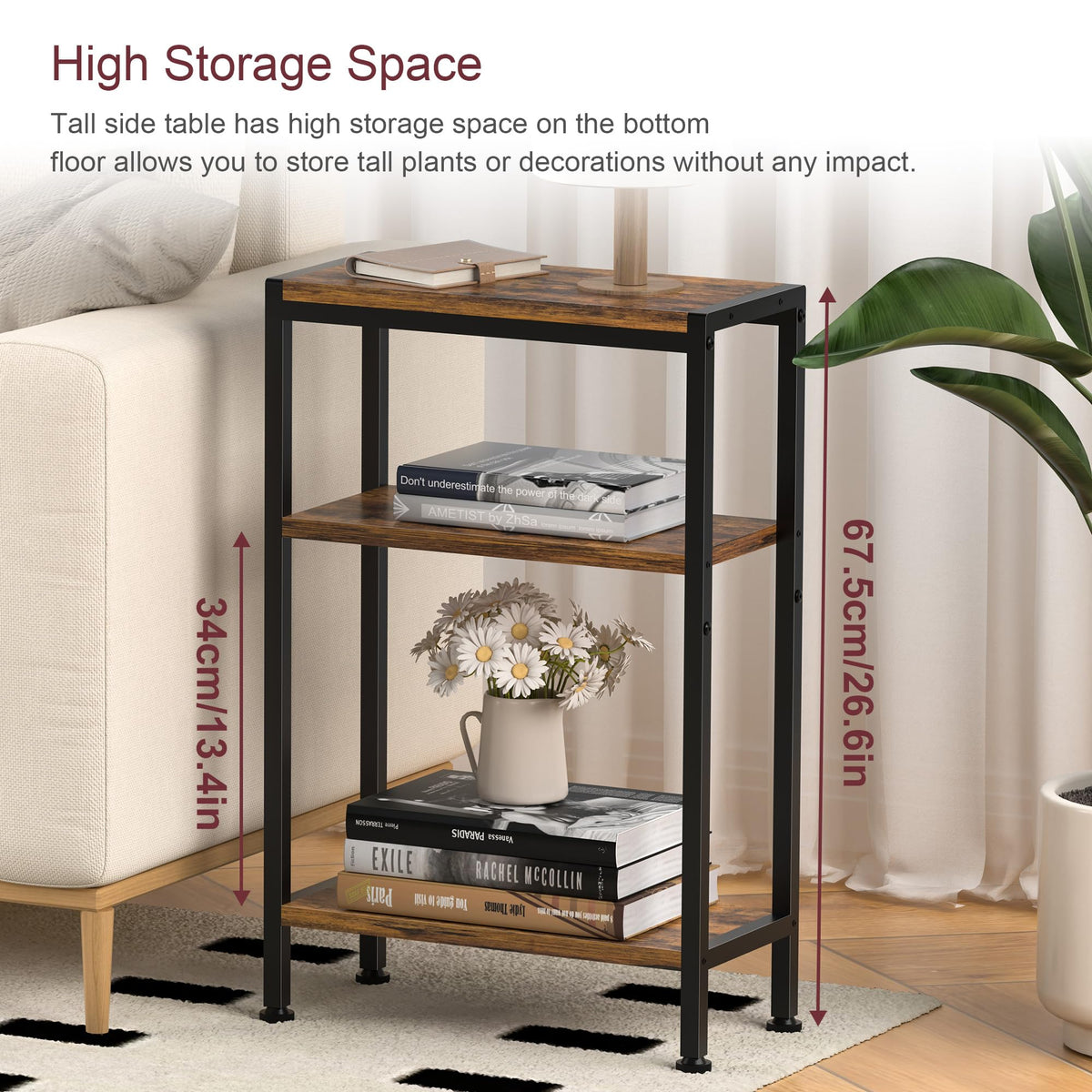 Narrow 3 Tier Slim Side Table Rustic Brown N287