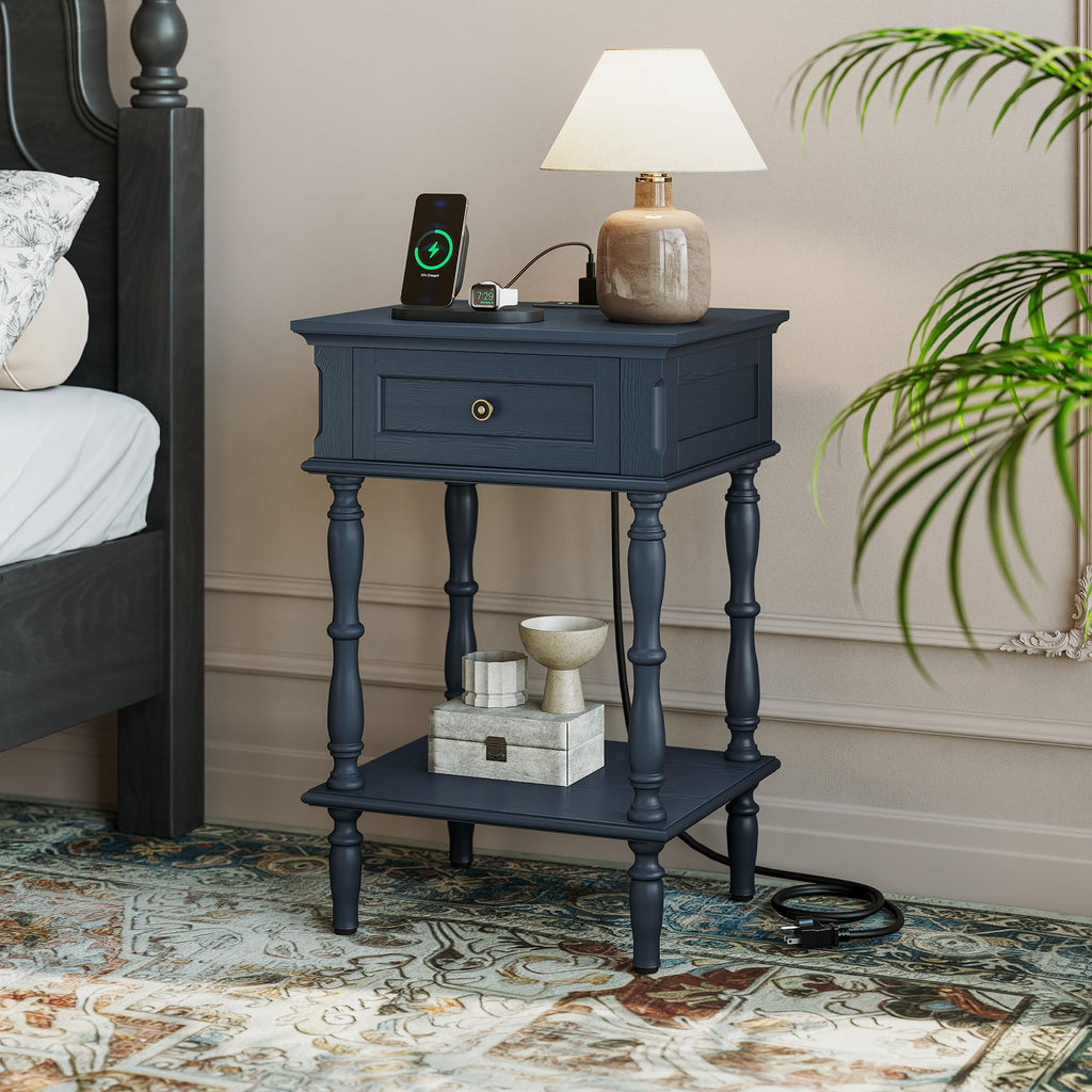 Blue Nightstands Set of 2 with Charging Station & Storage Shelf V7308