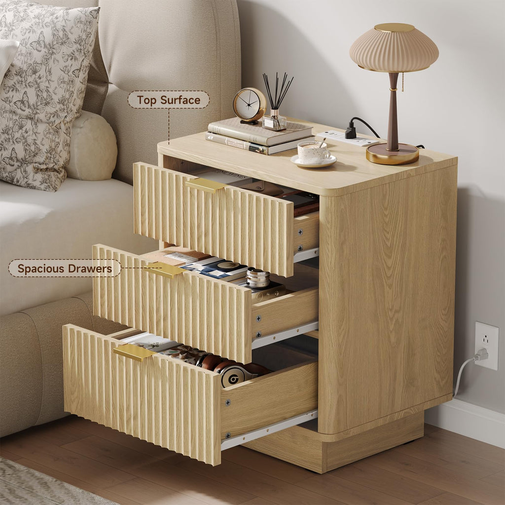 Natural 3 Drawer Nightstand with Charging Station V7540