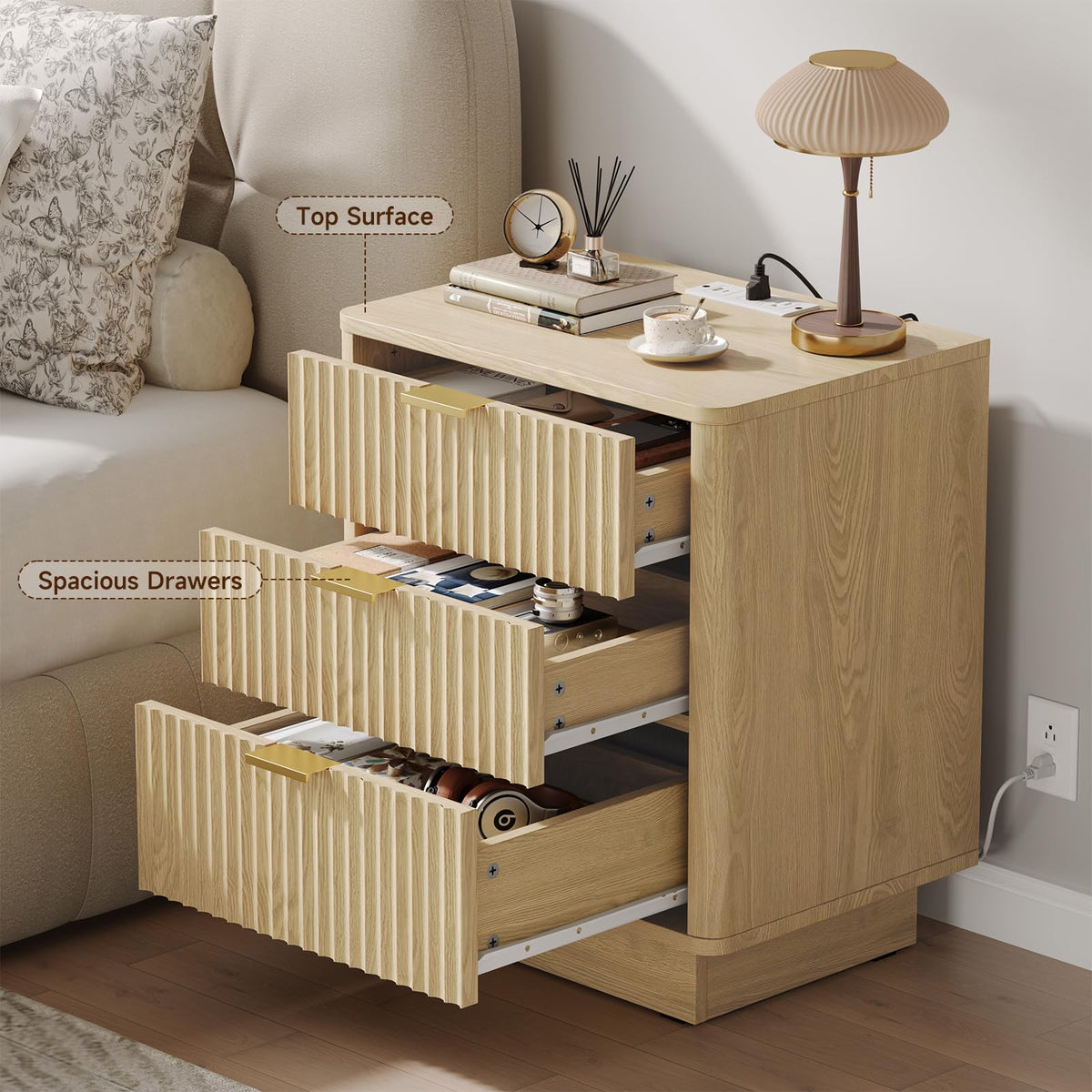 Natural 3 Drawer Nightstand with Charging Station V7540