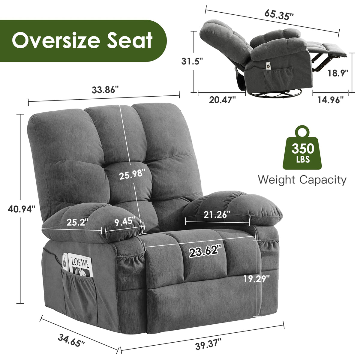 Oversized Swivel Recliner Chair with Vibration & Lumbar Heat U2524
