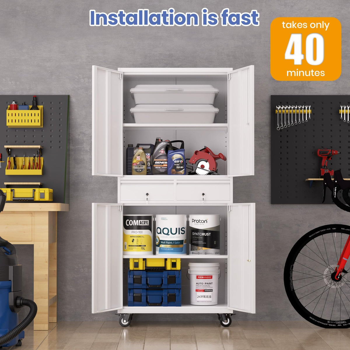 72” Rolling Metal Storage Cabinet with Locking Doors & 2 Drawers K412