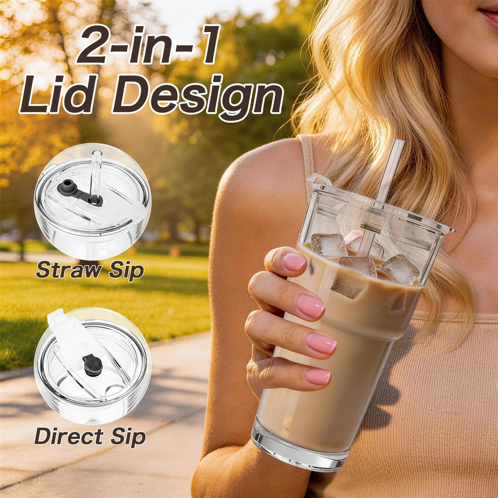 Clear Iced Coffee Cups with Lids 4 Pack 20oz Reusable Glass Cups O7205