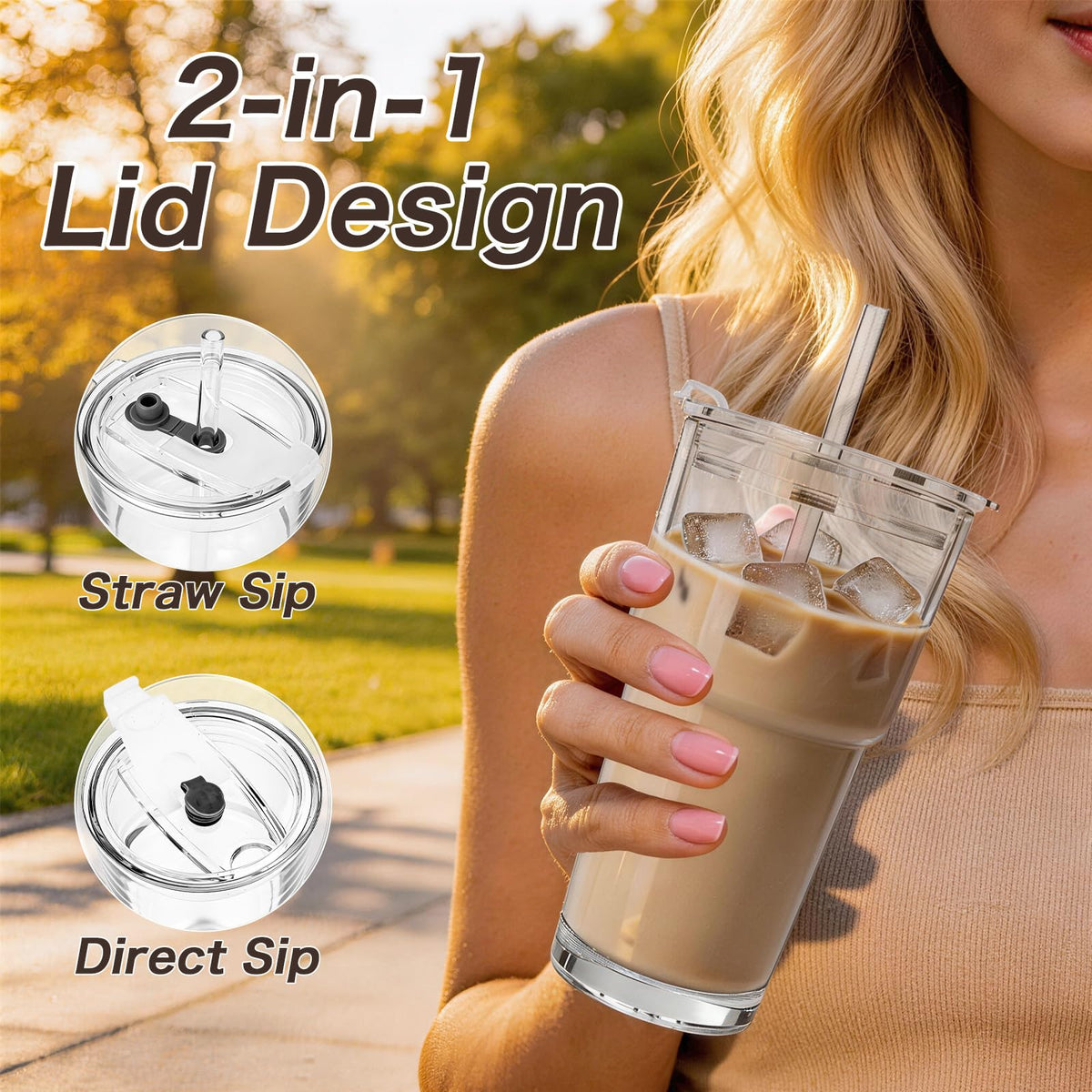 Clear Iced Coffee Cups with Lids 4 Pack 20oz Reusable Glass Cups O7205
