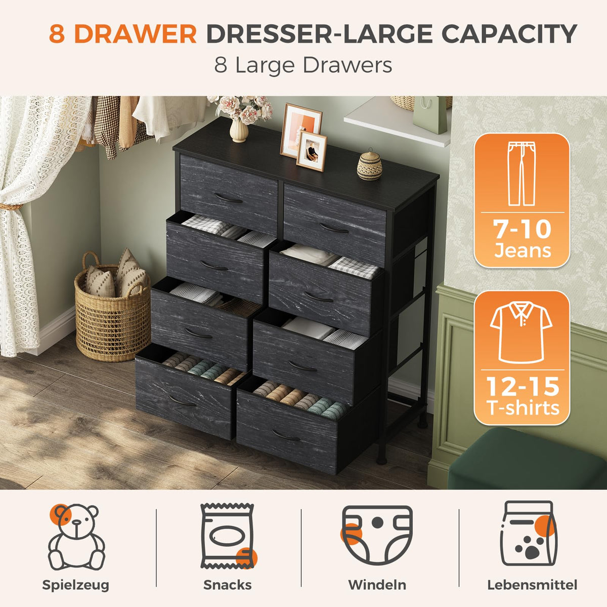 Black 8 Drawer Fabric Dresser T31441