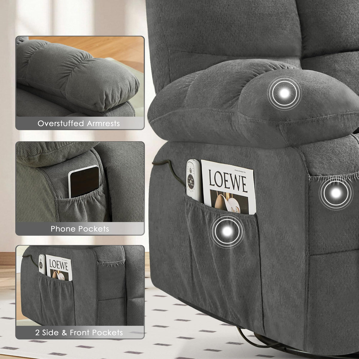 Oversized Swivel Recliner Chair with Vibration & Lumbar Heat U2524