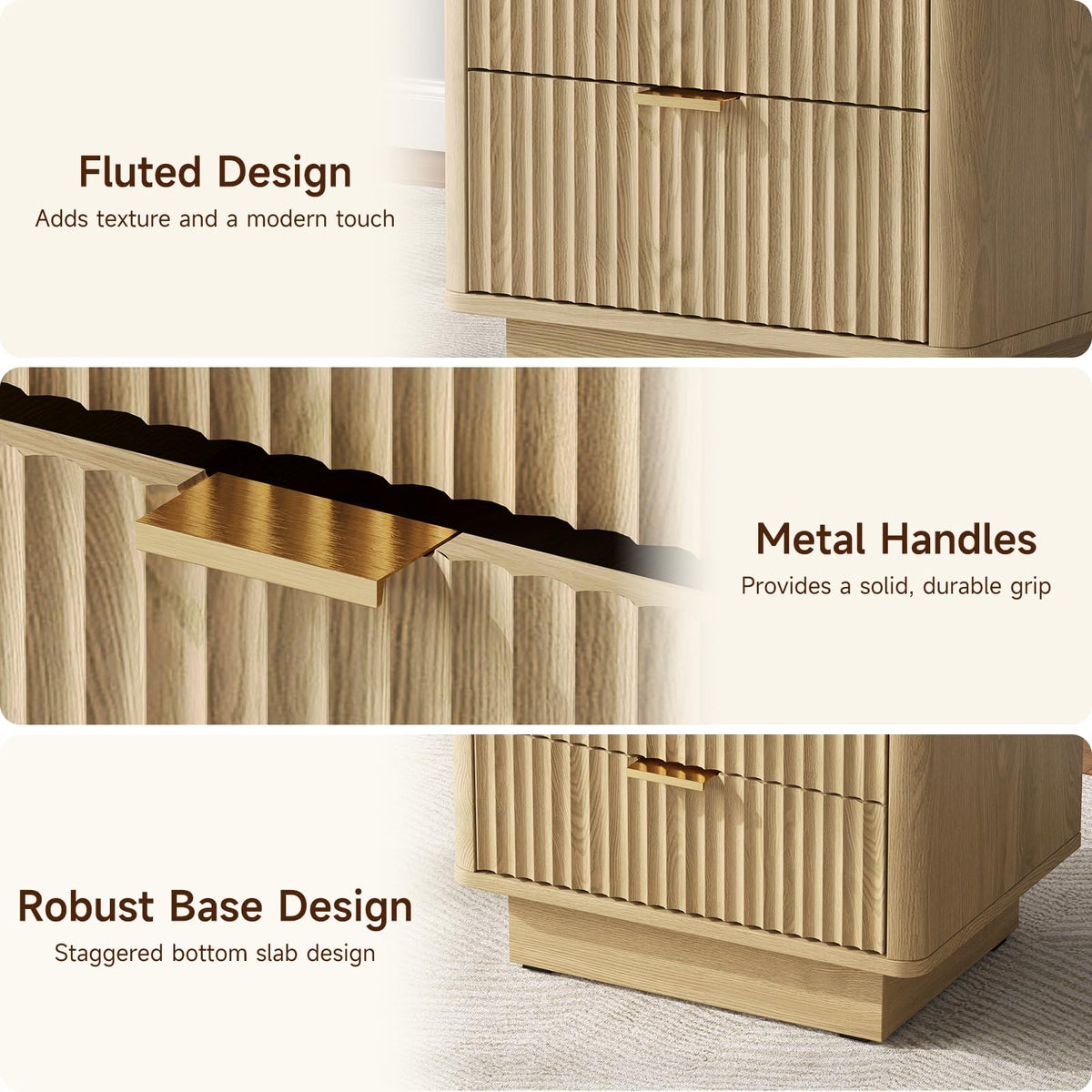 Natural 3 Drawer Nightstand with Charging Station V7540