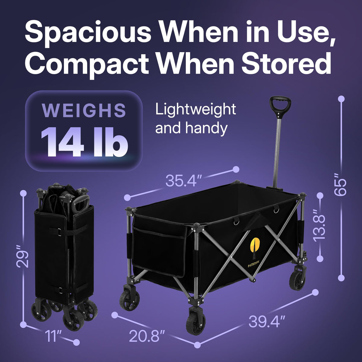 39" Collapsible Wagon with All-Terrain Wheels, 460 lbs Foldable Cart, Black I846