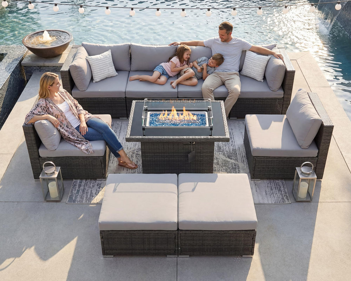 9 Piece Light Grey Patio Furniture Set with Fire Pit Q1704