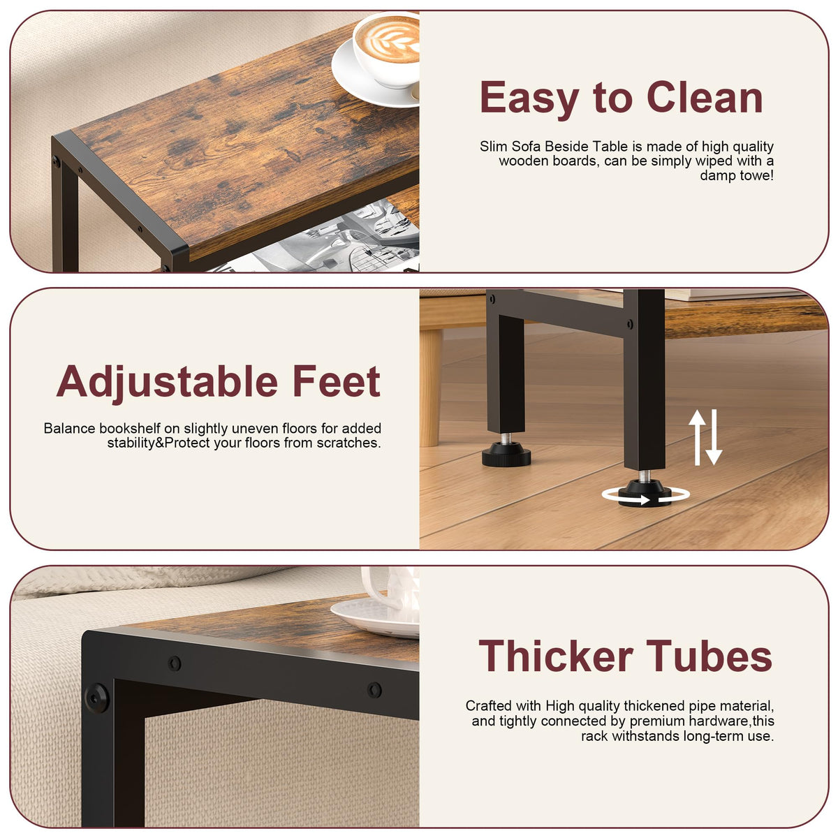 Narrow 3 Tier Slim Side Table Rustic Brown N287