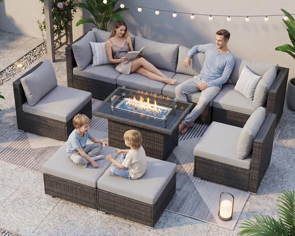 9 Piece Light Grey Patio Furniture Set with Fire Pit Q1704