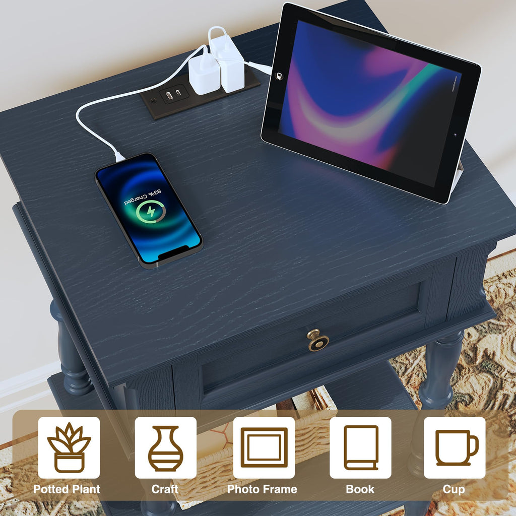 Blue Nightstands Set of 2 with Charging Station & Storage Shelf V7308