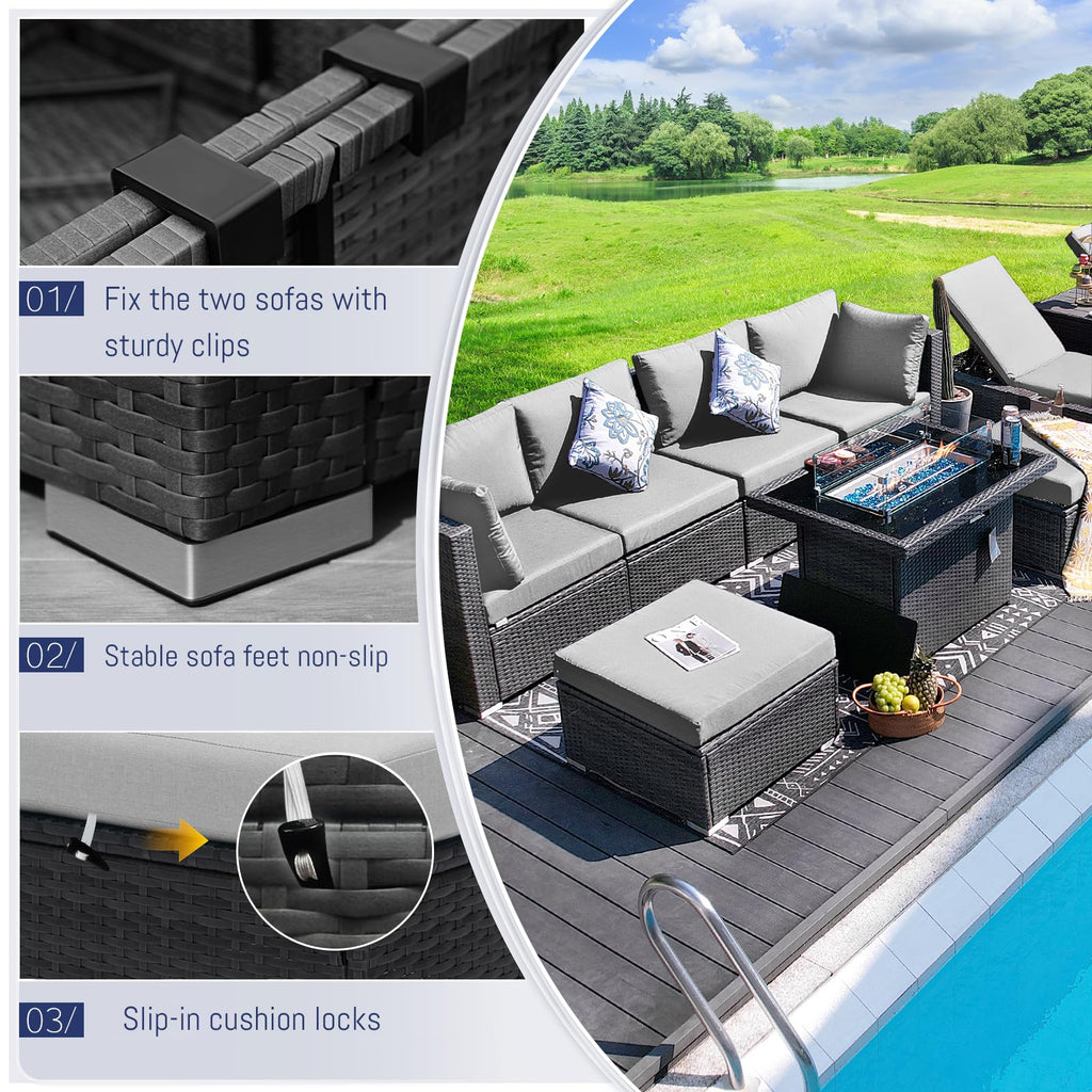 9 Piece Light Grey Patio Furniture Set with Fire Pit Q1704