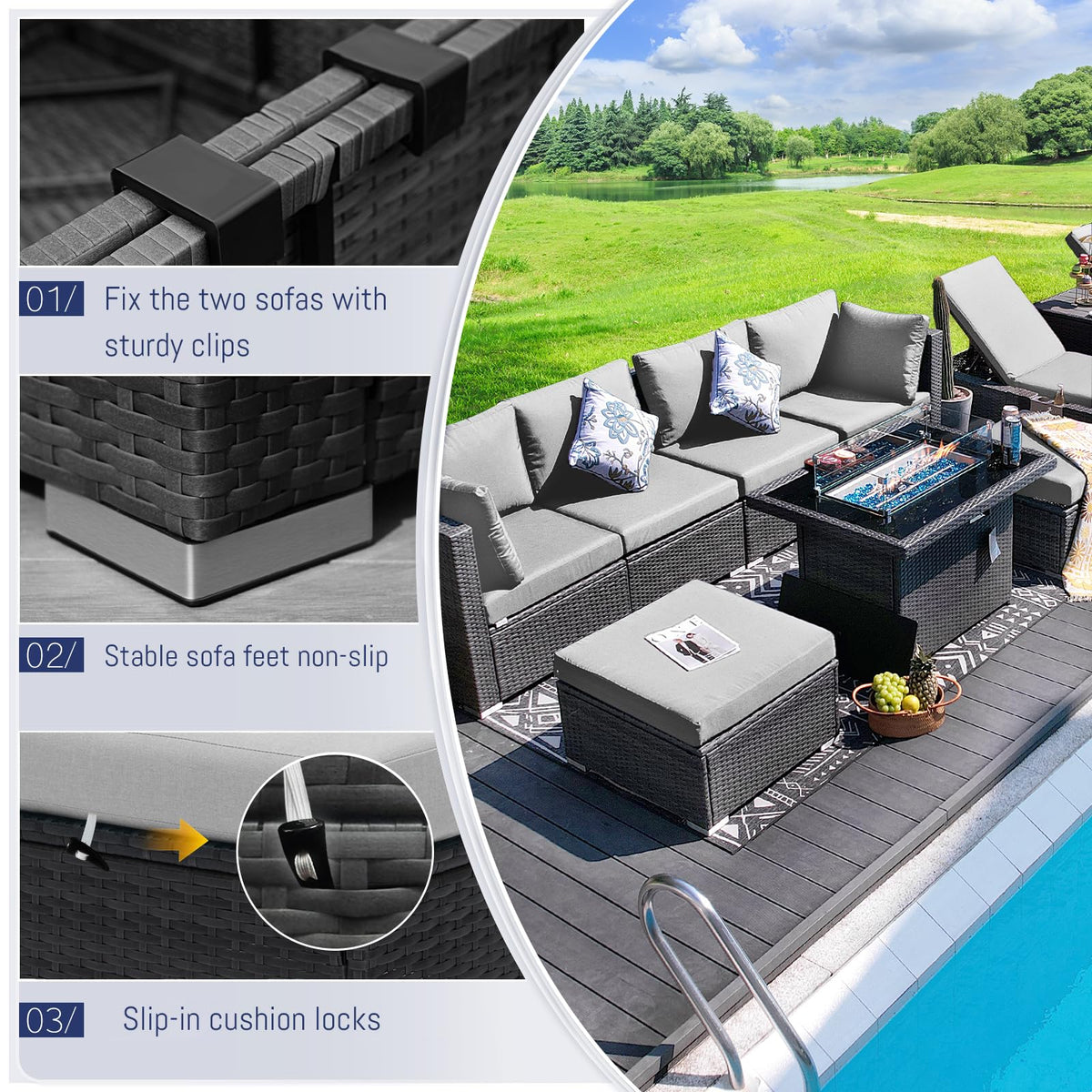 9 Piece Light Grey Patio Furniture Set with Fire Pit Q1704