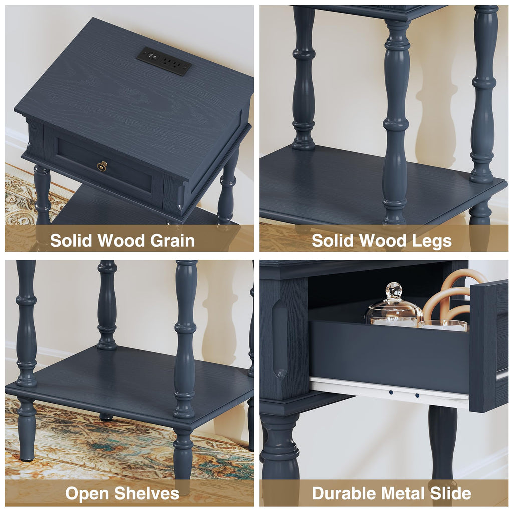 Blue Nightstands Set of 2 with Charging Station & Storage Shelf V7308