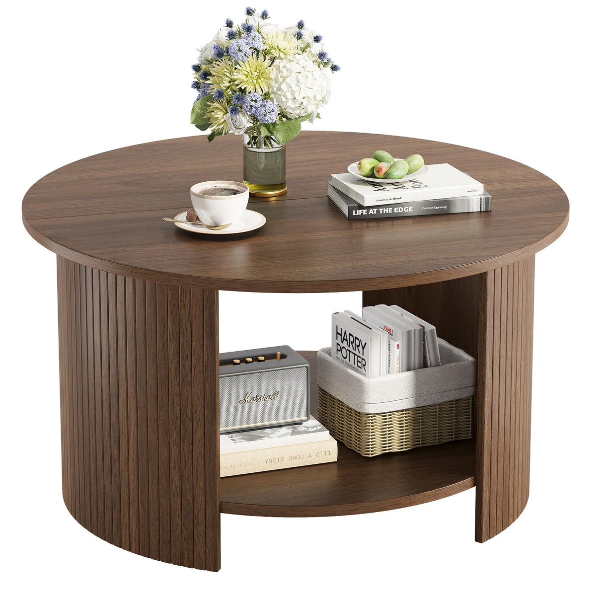 Round Coffee Table with Storage, 31.5" Modern Fluted 2-Tier Wood Coffee Table H28397