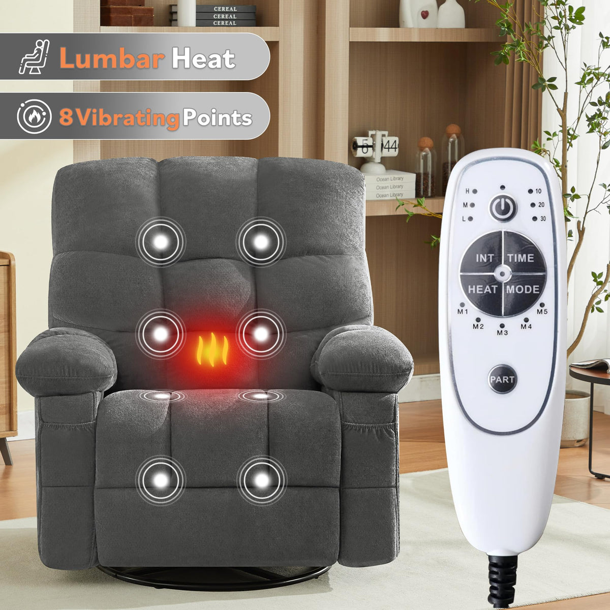 Oversized Swivel Recliner Chair with Vibration & Lumbar Heat U2524