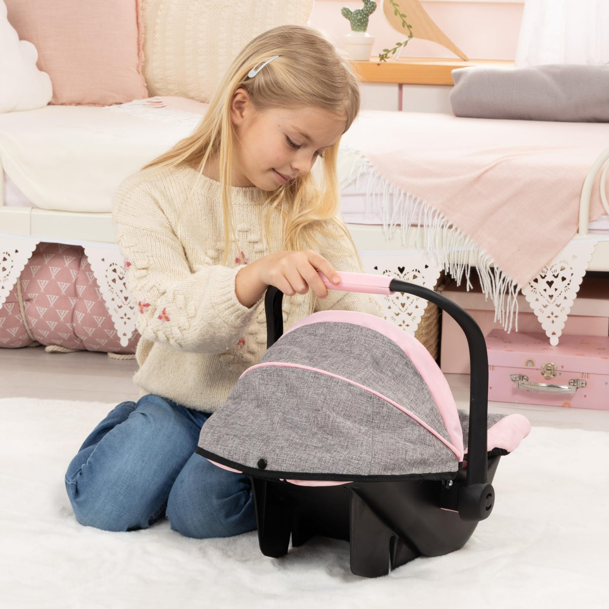 Pink Grey Doll Car Seat with Cover V3188