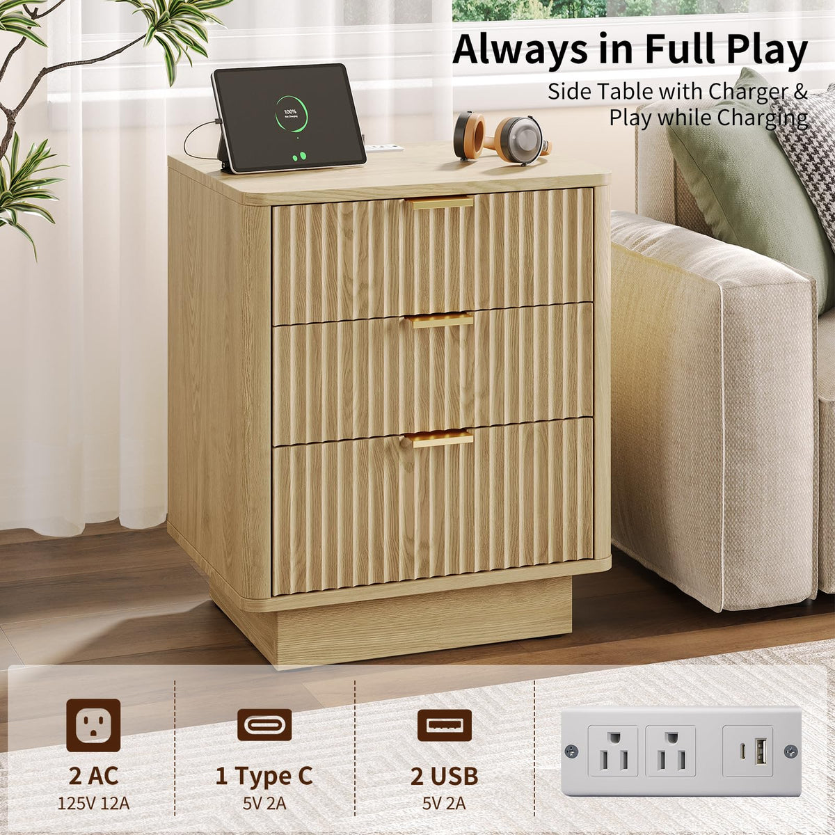 Natural 3 Drawer Nightstand with Charging Station V7540