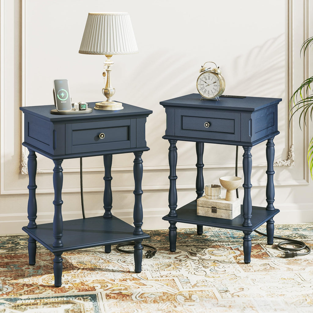 Blue Nightstands Set of 2 with Charging Station & Storage Shelf V7308