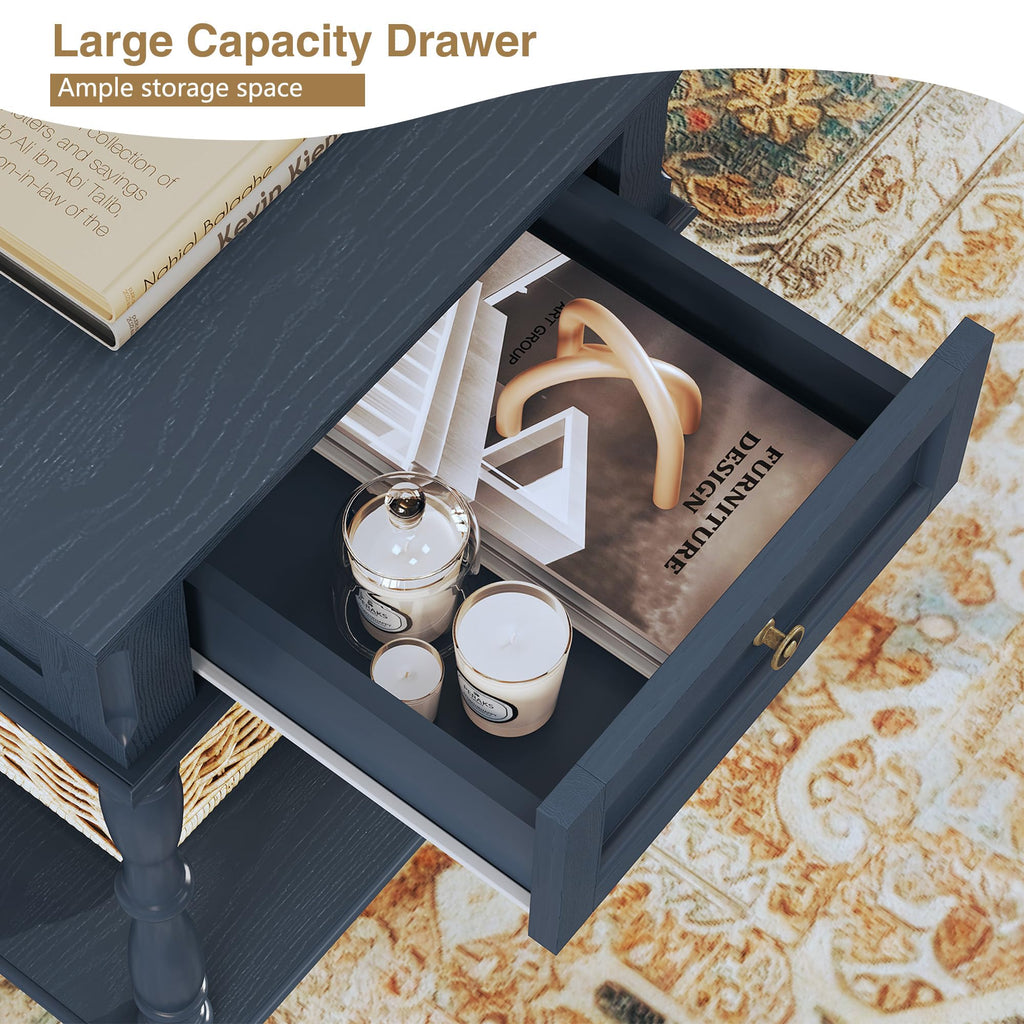 Blue Nightstands Set of 2 with Charging Station & Storage Shelf V7308