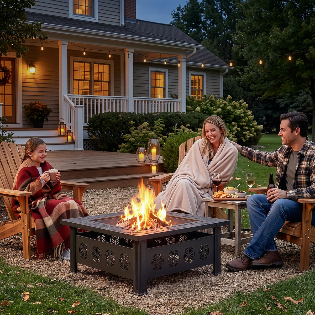 32 Inch Square Wood Burning Fire Pit Table with Spark Screen Lid and Fire Poker W5846