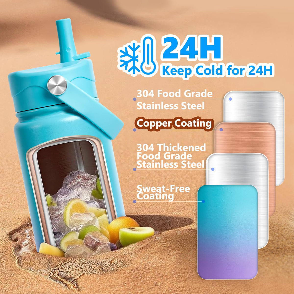 Insulated Water Bottle with Lid & Boot & Stickers, 24 oz B944411