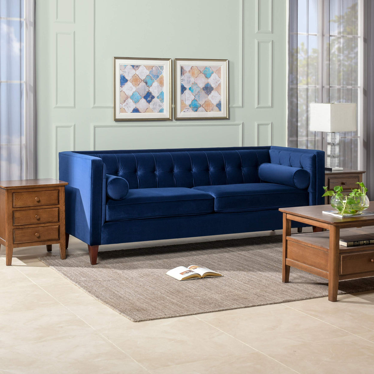 Navy Blue Velvet Tufted Sofa V57259