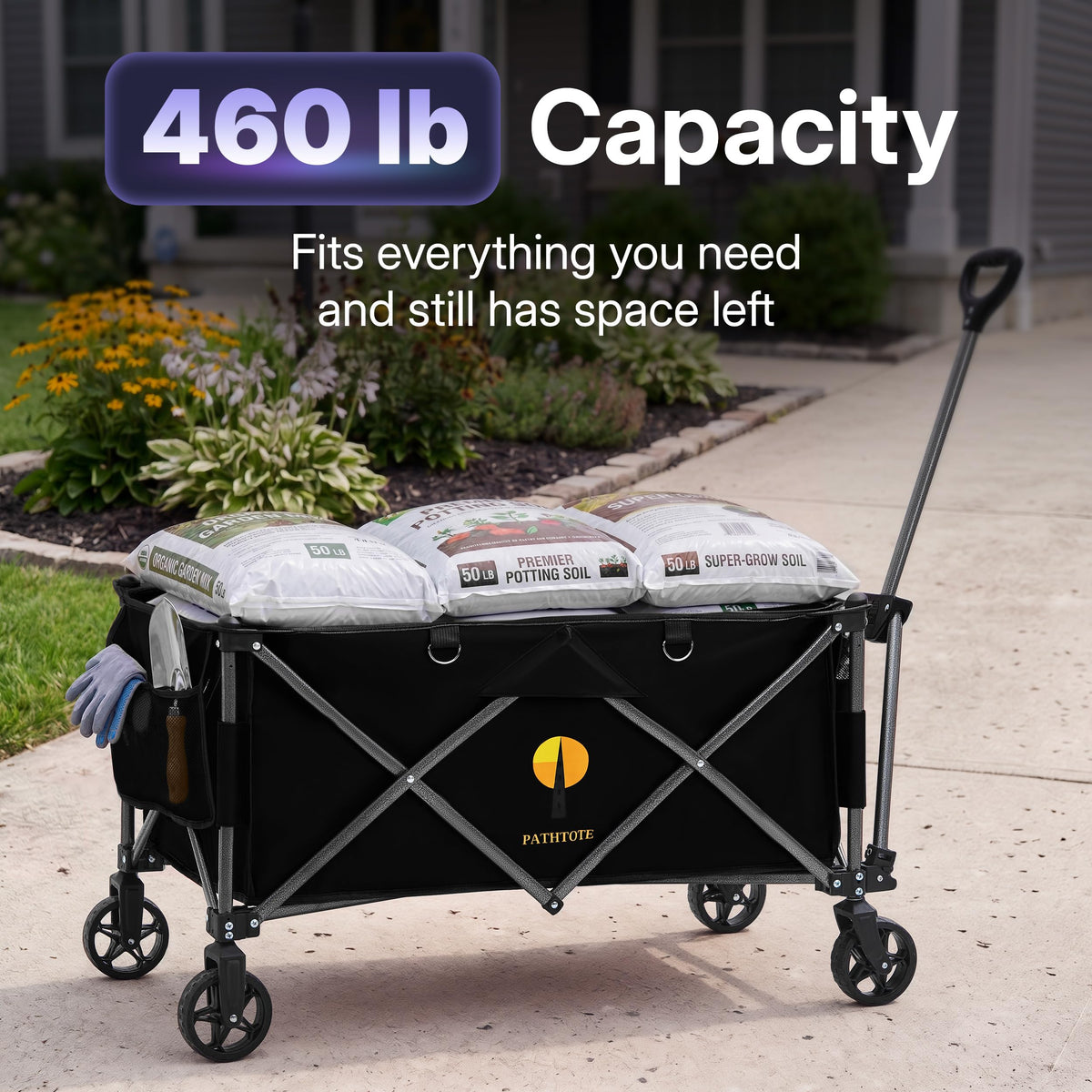 39" Collapsible Wagon with All-Terrain Wheels, 460 lbs Foldable Cart, Black I846