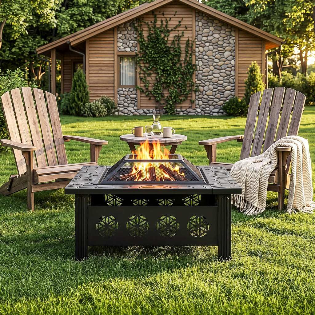 32 Inch Square Wood Burning Fire Pit Table with Spark Screen Lid and Fire Poker W5846