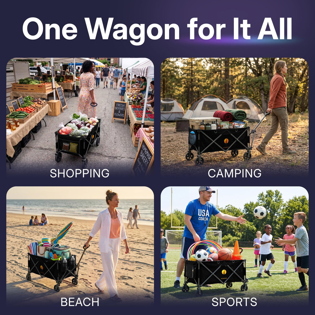 39" Collapsible Wagon with All-Terrain Wheels, 460 lbs Foldable Cart, Black I846