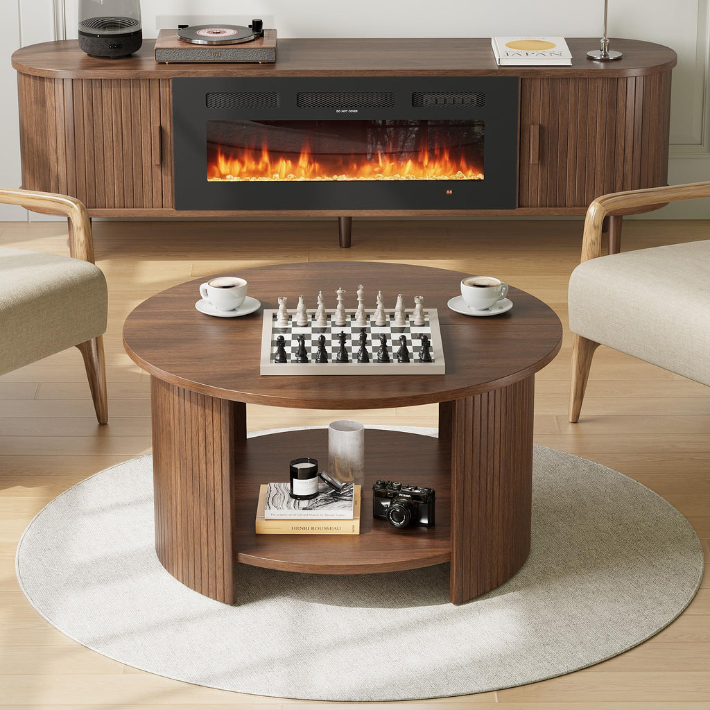 Round Coffee Table with Storage, 31.5" Modern Fluted 2-Tier Wood Coffee Table H28397