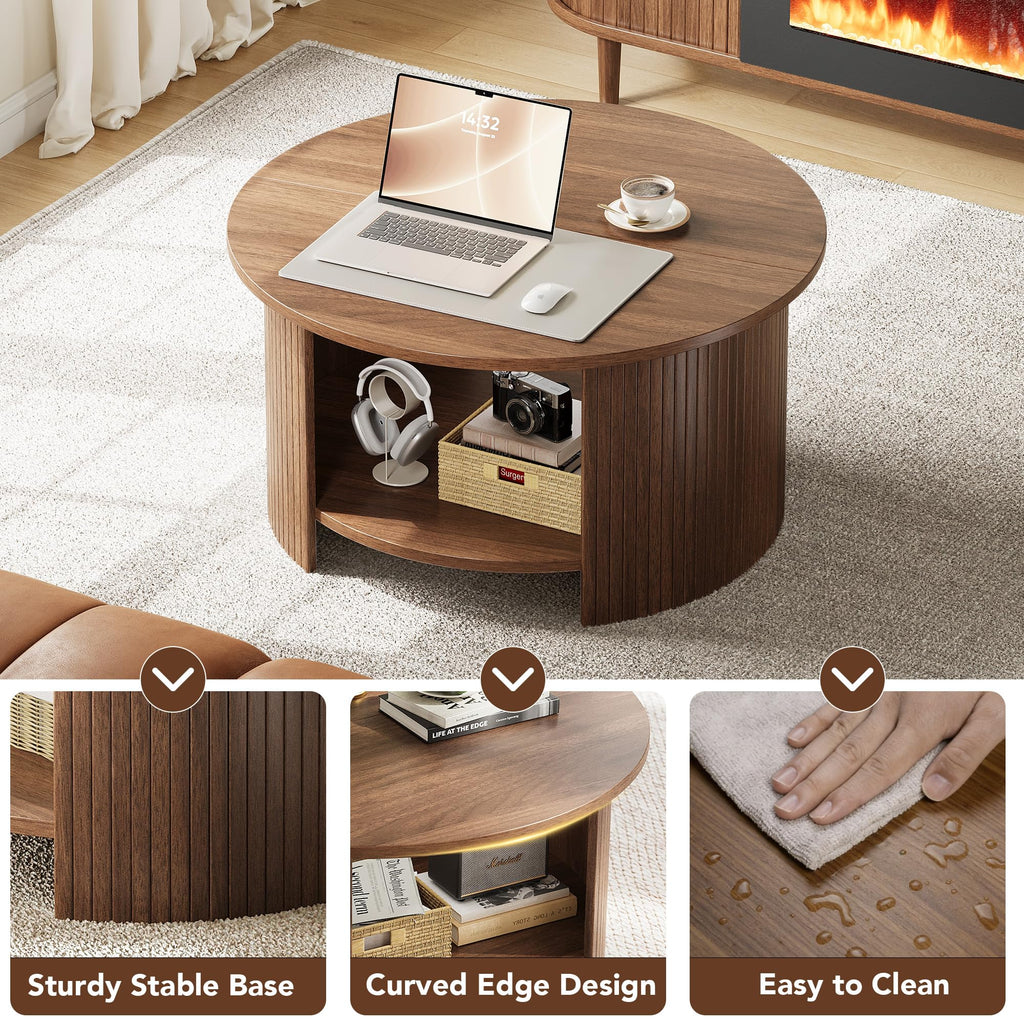 Round Coffee Table with Storage, 31.5" Modern Fluted 2-Tier Wood Coffee Table H28397