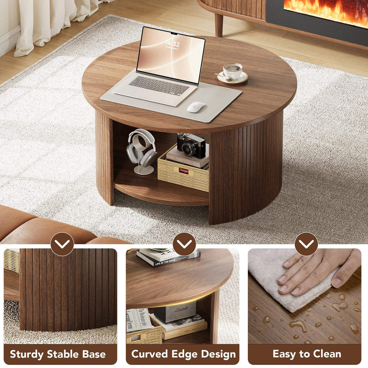 Round Coffee Table with Storage, 31.5" Modern Fluted 2-Tier Wood Coffee Table H28397