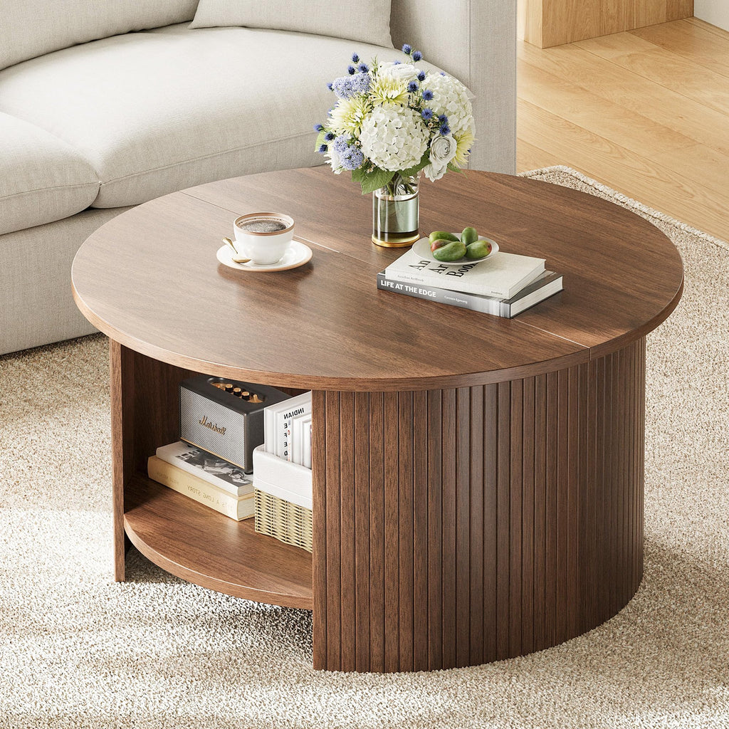 Round Coffee Table with Storage, 31.5" Modern Fluted 2-Tier Wood Coffee Table H28397