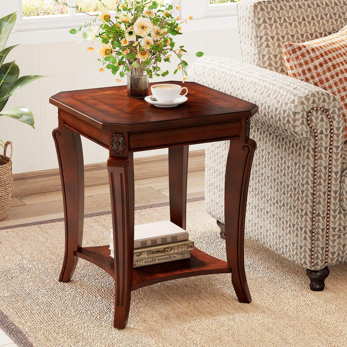 Vintage Wood End Table with Storage Shelf O665