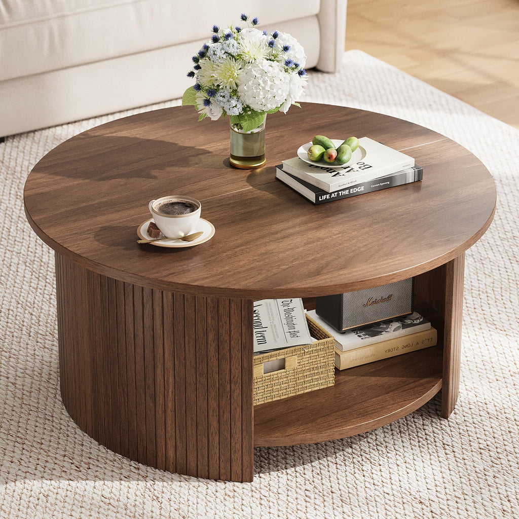 Round Coffee Table with Storage, 31.5" Modern Fluted 2-Tier Wood Coffee Table H28397